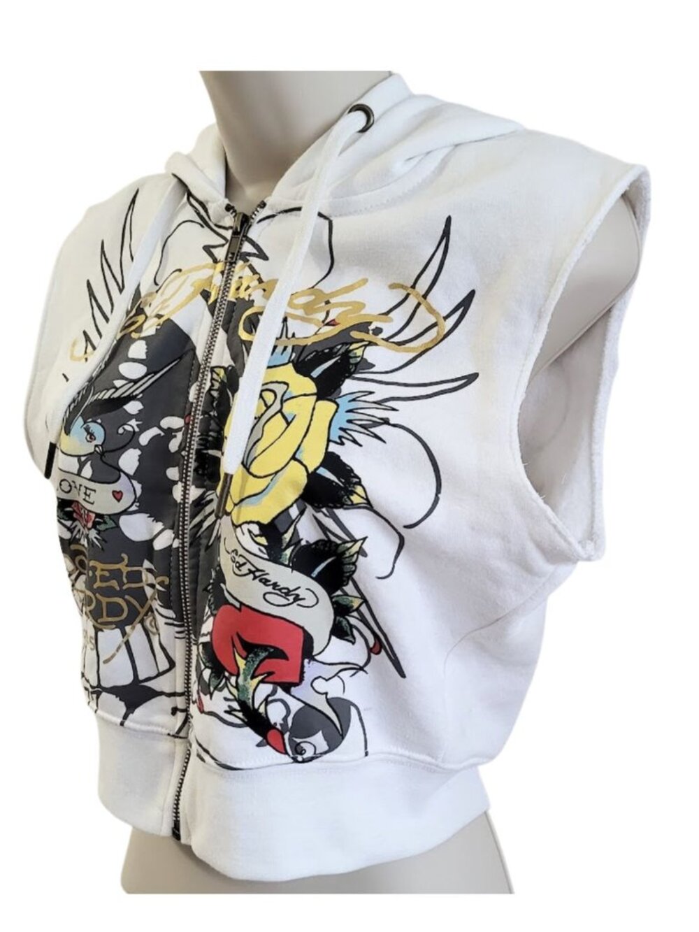 ED HARDY Y2K White Tattoo Graphic Cropped Zip-Up Hoodie Vest - Women's M - Picture 2 of 6